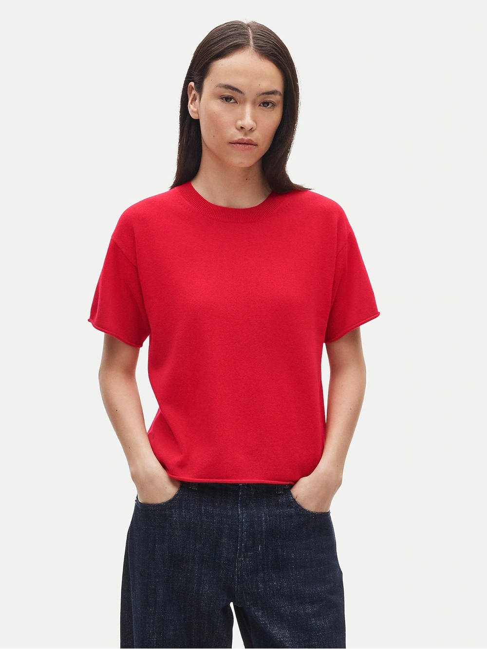 J Crew Red Roll Sleeve Lightweight Cashmere Short-Sleeved Shirt— Womens XL